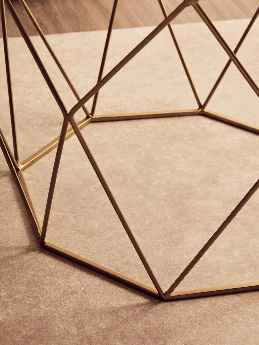 White Octagon Marble Top Coffee Table With Gold Metal Frame, Shalimar