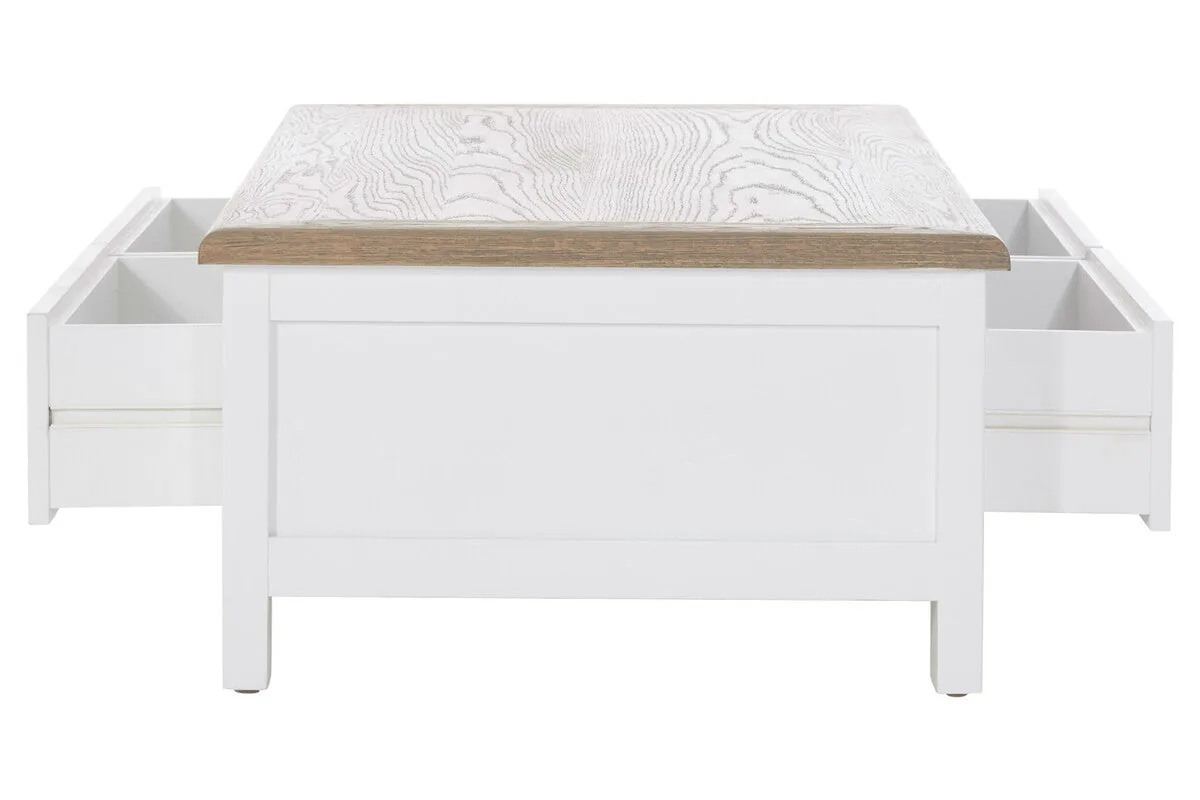 White Wooden Coffee Table With Natural Oak Top & 2 Storage Drawers, Hampstead