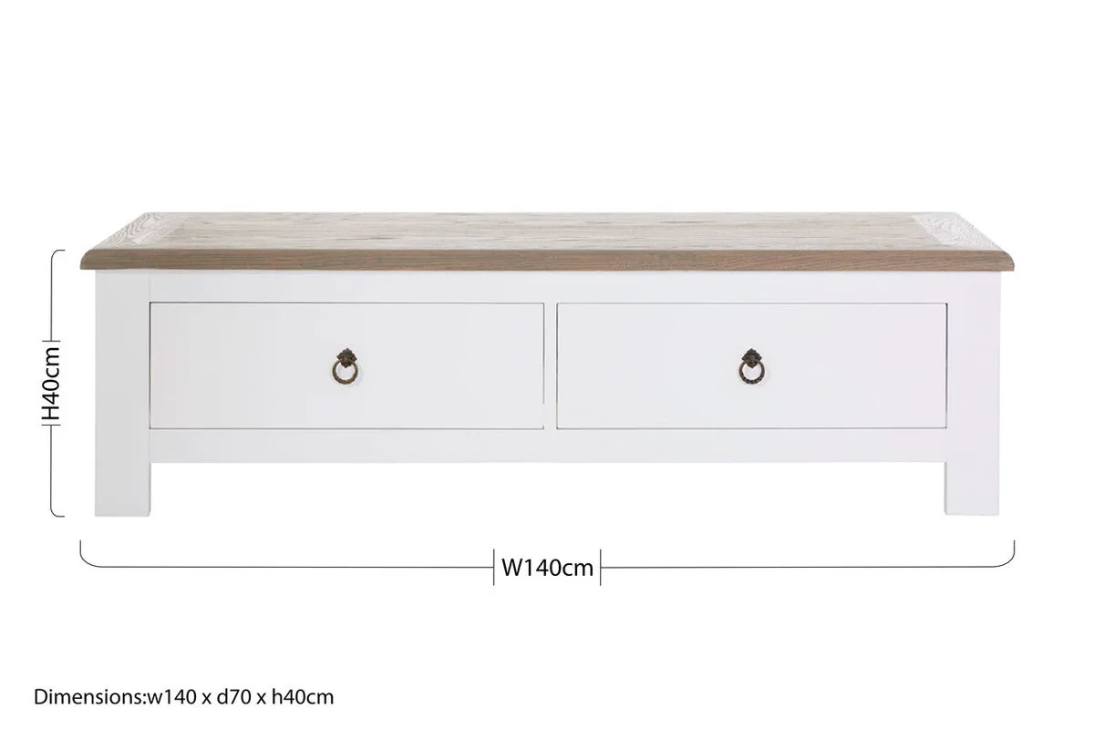 White Wooden Coffee Table With Natural Oak Top & 2 Storage Drawers, Hampstead