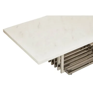 White Marble Top Coffee Table With Silver Geometric Stainless Steel Frame, Moda