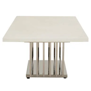 White Marble Top Coffee Table With Silver Geometric Stainless Steel Frame, Moda