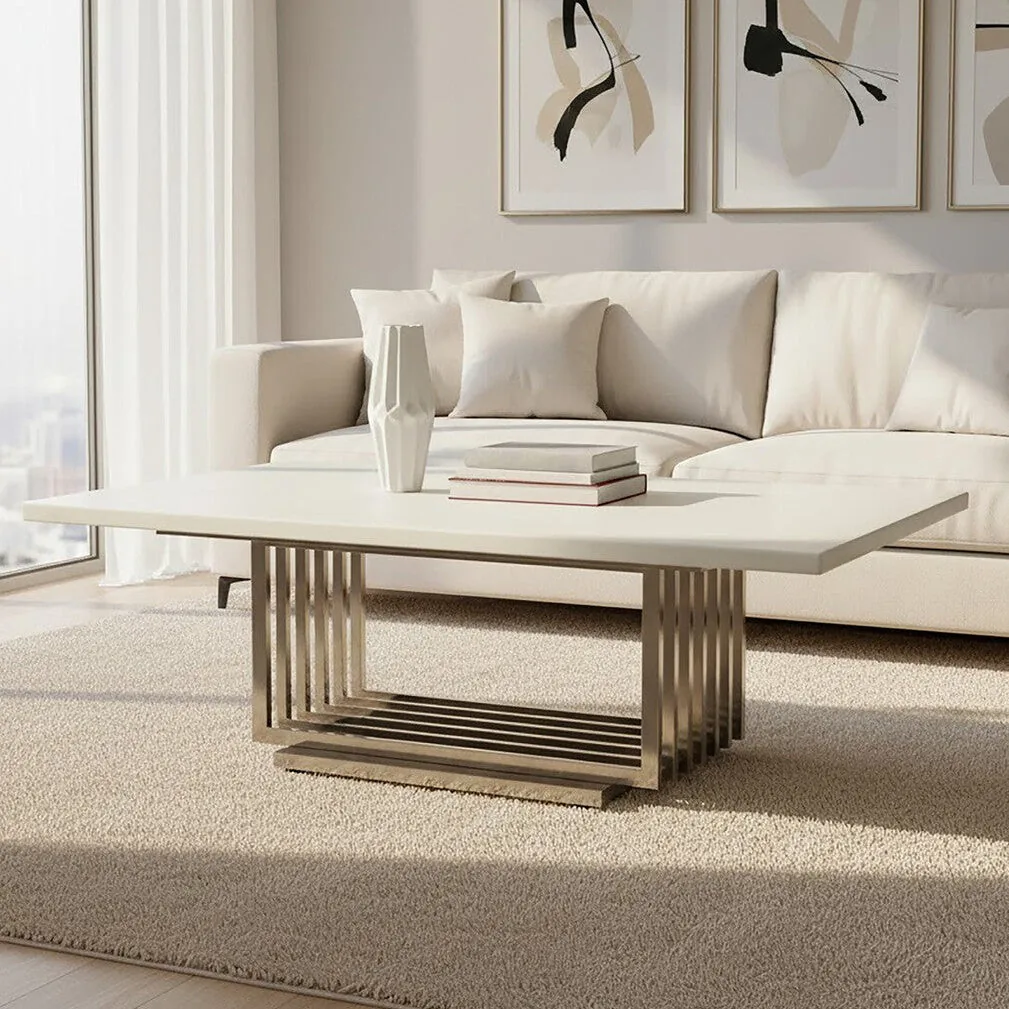 White Marble Top Coffee Table With Silver Geometric Stainless Steel Frame, Moda
