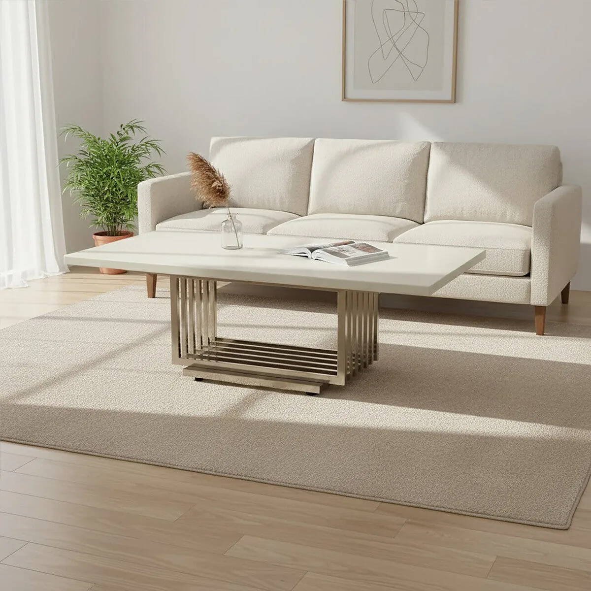 White Marble Top Coffee Table With Silver Geometric Stainless Steel Frame, Moda