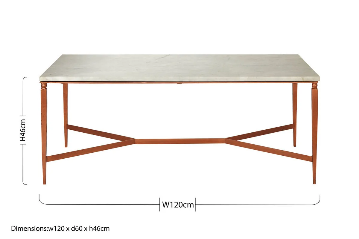 White Marble Top Coffee Table With Warm Copper Tapered Iron Legs, Nirav
