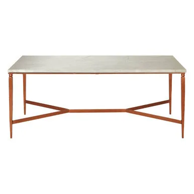 White Marble Top Coffee Table With Warm Copper Tapered Iron Legs, Nirav