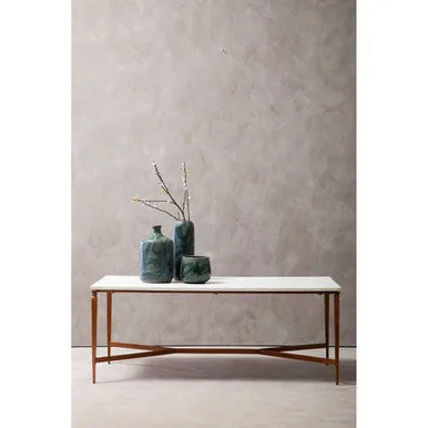 White Marble Top Coffee Table With Warm Copper Tapered Iron Legs, Nirav