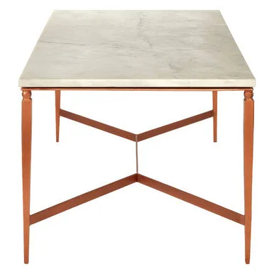White Marble Top Coffee Table With Warm Copper Tapered Iron Legs, Nirav