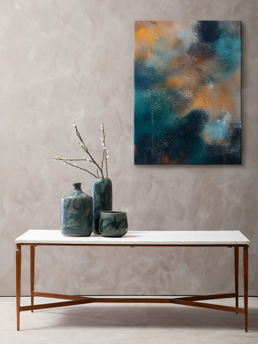 White Marble Top Coffee Table With Warm Copper Tapered Iron Legs, Nirav