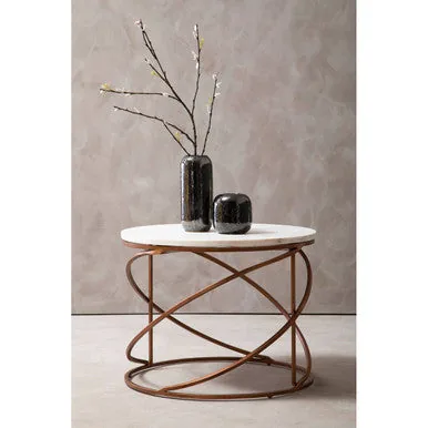 White Veined Marble Round Coffee Table With Copper Tone Zig Zag Iron Frame, Nirav