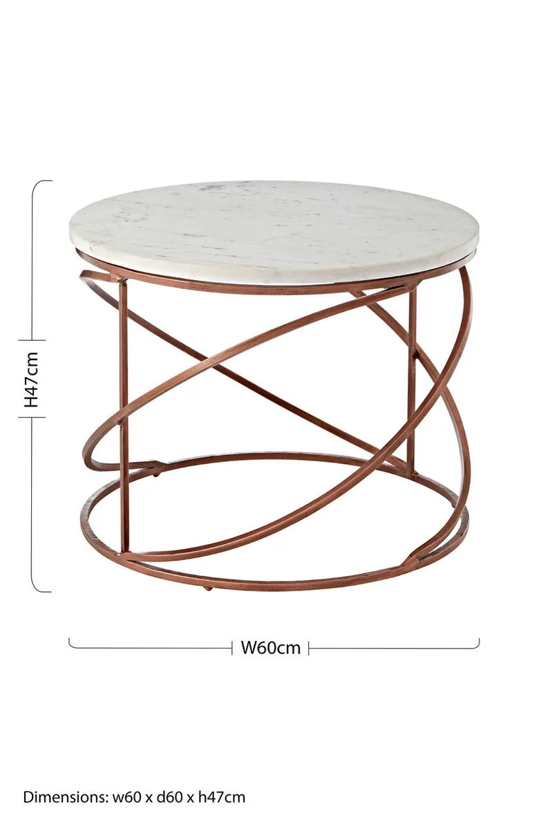 White Veined Marble Round Coffee Table With Copper Tone Zig Zag Iron Frame, Nirav