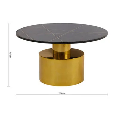 White Marble Round Top Coffee Table With Sculptural Geometric Gold Base, Rabia