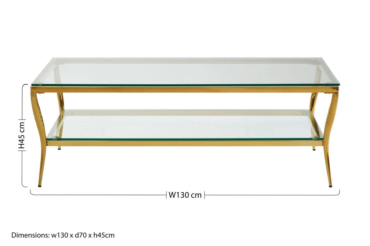 Two-Tier Coffee Table With Clear Tempered Glass Top & Gold Stainless Steel Frame, Arezzo