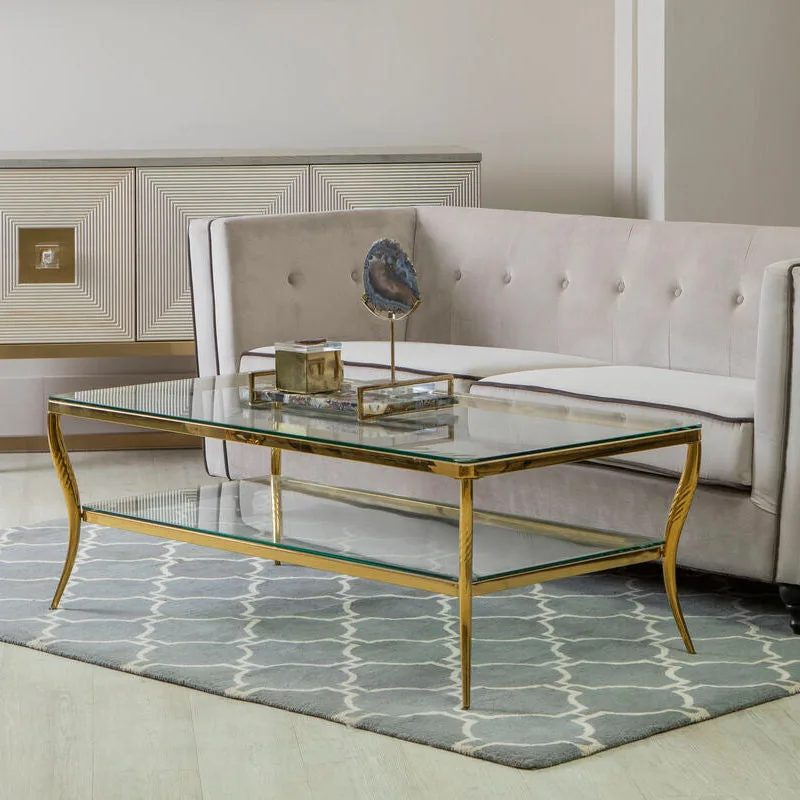 Two-Tier Coffee Table With Clear Tempered Glass Top & Gold Stainless Steel Frame, Arezzo