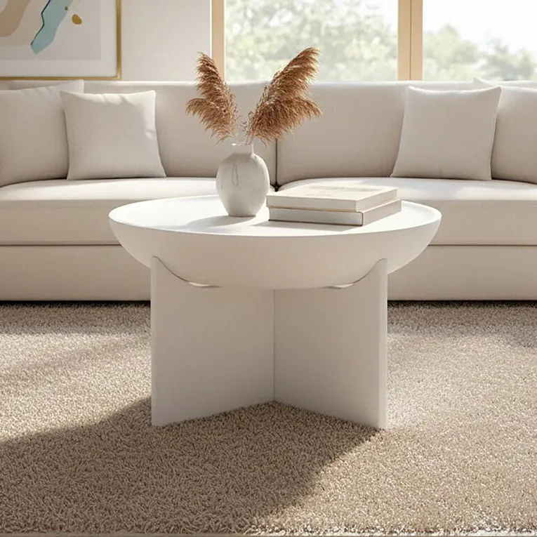 Whitewash Mango Wood Round Coffee Table With Cut-Out Pedestal Base, Walsa