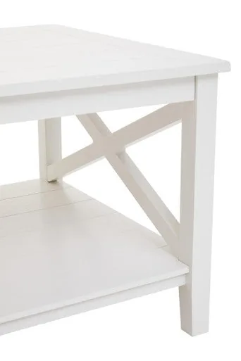 White Wooden Rectangular Coffee Table With Lower Shelf & X Frame Side Panels, Heritage