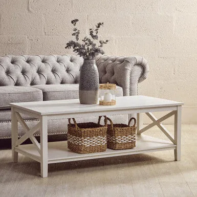 White Wooden Rectangular Coffee Table With Lower Shelf & X Frame Side Panels, Heritage