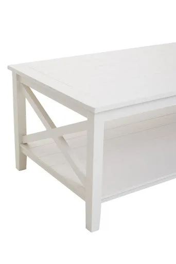 White Wooden Rectangular Coffee Table With Lower Shelf & X Frame Side Panels, Heritage