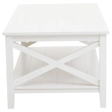 White Wooden Rectangular Coffee Table With Lower Shelf & X Frame Side Panels, Heritage