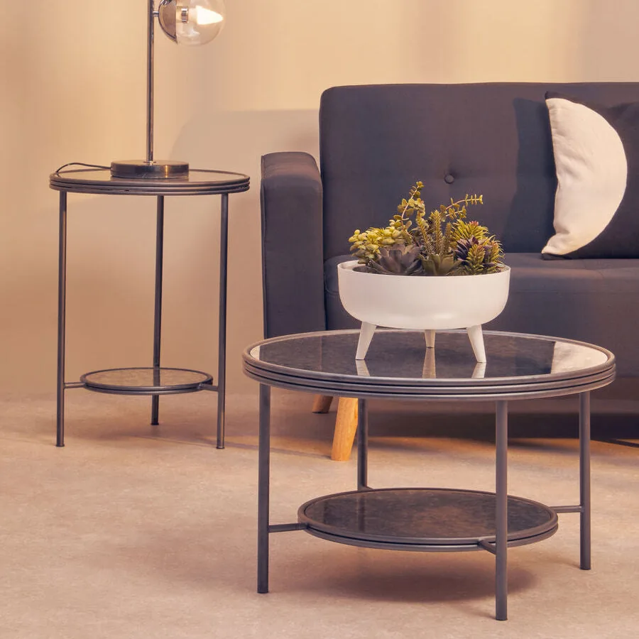 Two Tier Antique Mirror Round Coffee Table With Black & Silver Frame, Xania