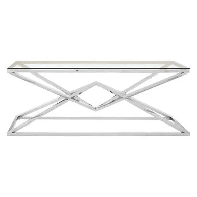 Tempered Glass Top Coffee Table With Silver Sculptural Pyramid Frame Base, Allure