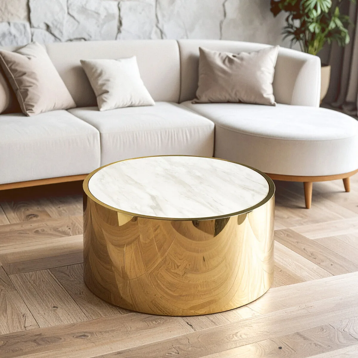 White Marble Top Round Coffee Table With Gold Steel Frame, Carlox