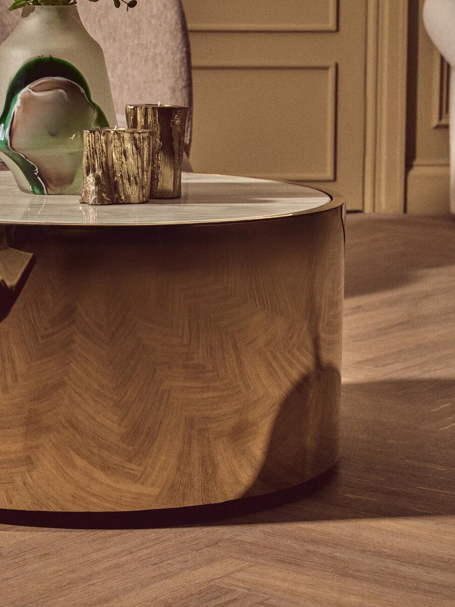 White Marble Top Round Coffee Table With Gold Steel Frame, Carlox