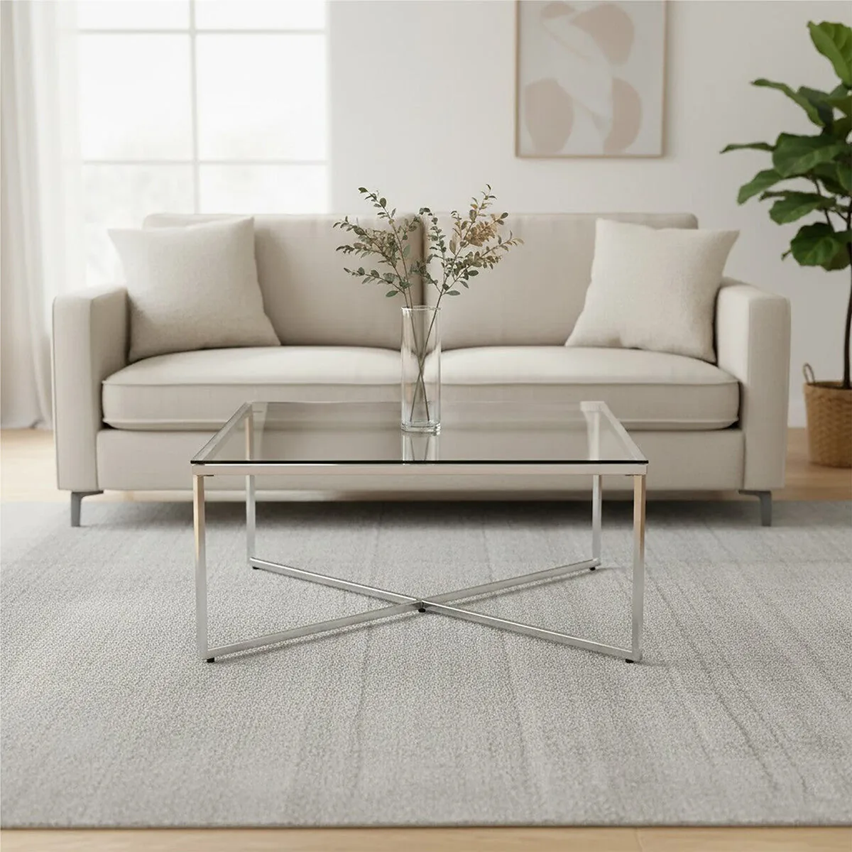 Silver Cross Base Coffee Table With Clear Tempered Glass Top, Allure