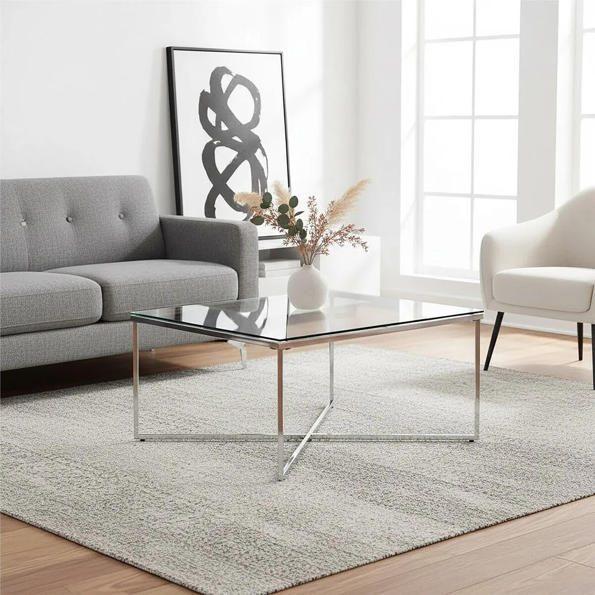 Silver Cross Base Coffee Table With Clear Tempered Glass Top, Allure
