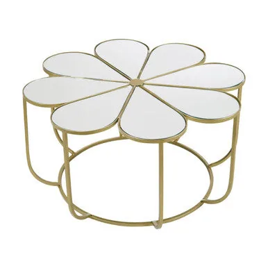 Silver & Gold Iron Frame Coffee Table With Petal Design Mirrored Top, Rabia