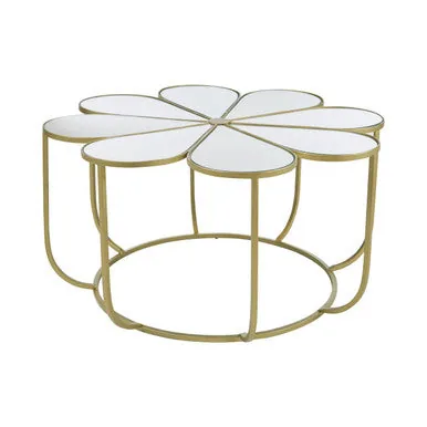 Silver & Gold Iron Frame Coffee Table With Petal Design Mirrored Top, Rabia
