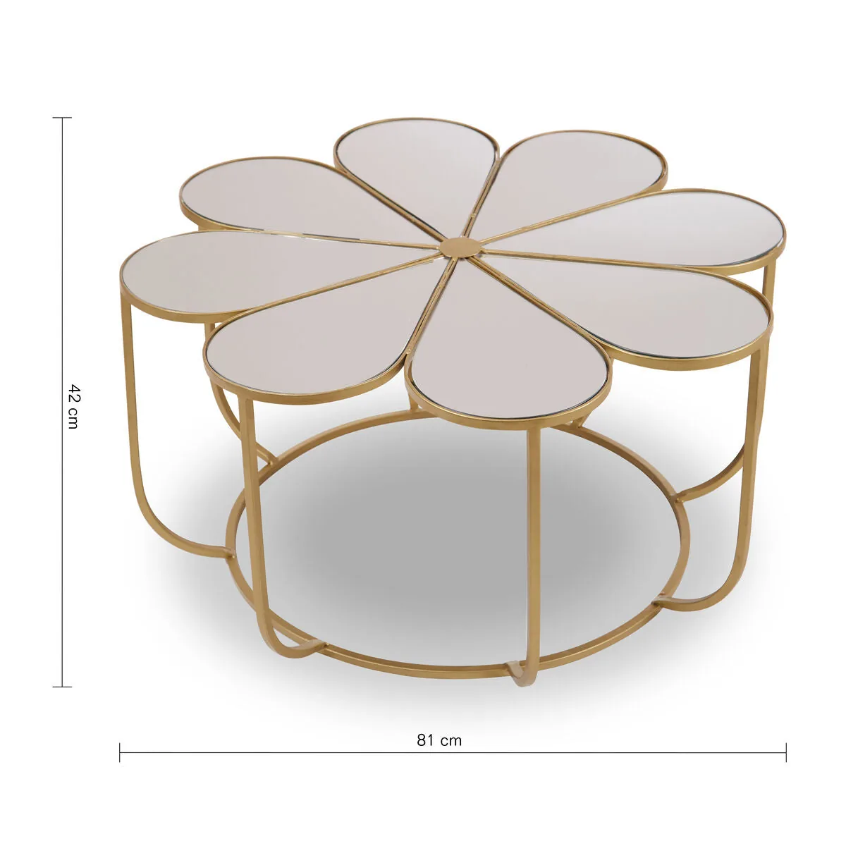 Silver & Gold Iron Frame Coffee Table With Petal Design Mirrored Top, Rabia