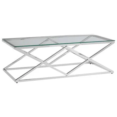 Silver Reflective Stainless Steel Coffee Table With Clear Tempered Glass Top, Allure