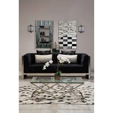 Silver Reflective Stainless Steel Coffee Table With Clear Tempered Glass Top, Allure