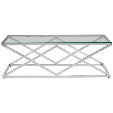 Silver Reflective Stainless Steel Coffee Table With Clear Tempered Glass Top, Allure