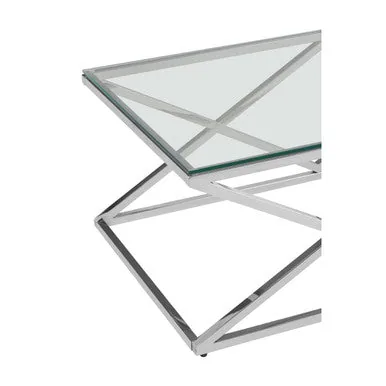 Silver Reflective Stainless Steel Coffee Table With Clear Tempered Glass Top, Allure