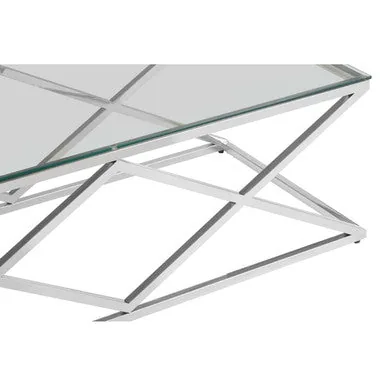 Silver Reflective Stainless Steel Coffee Table With Clear Tempered Glass Top, Allure