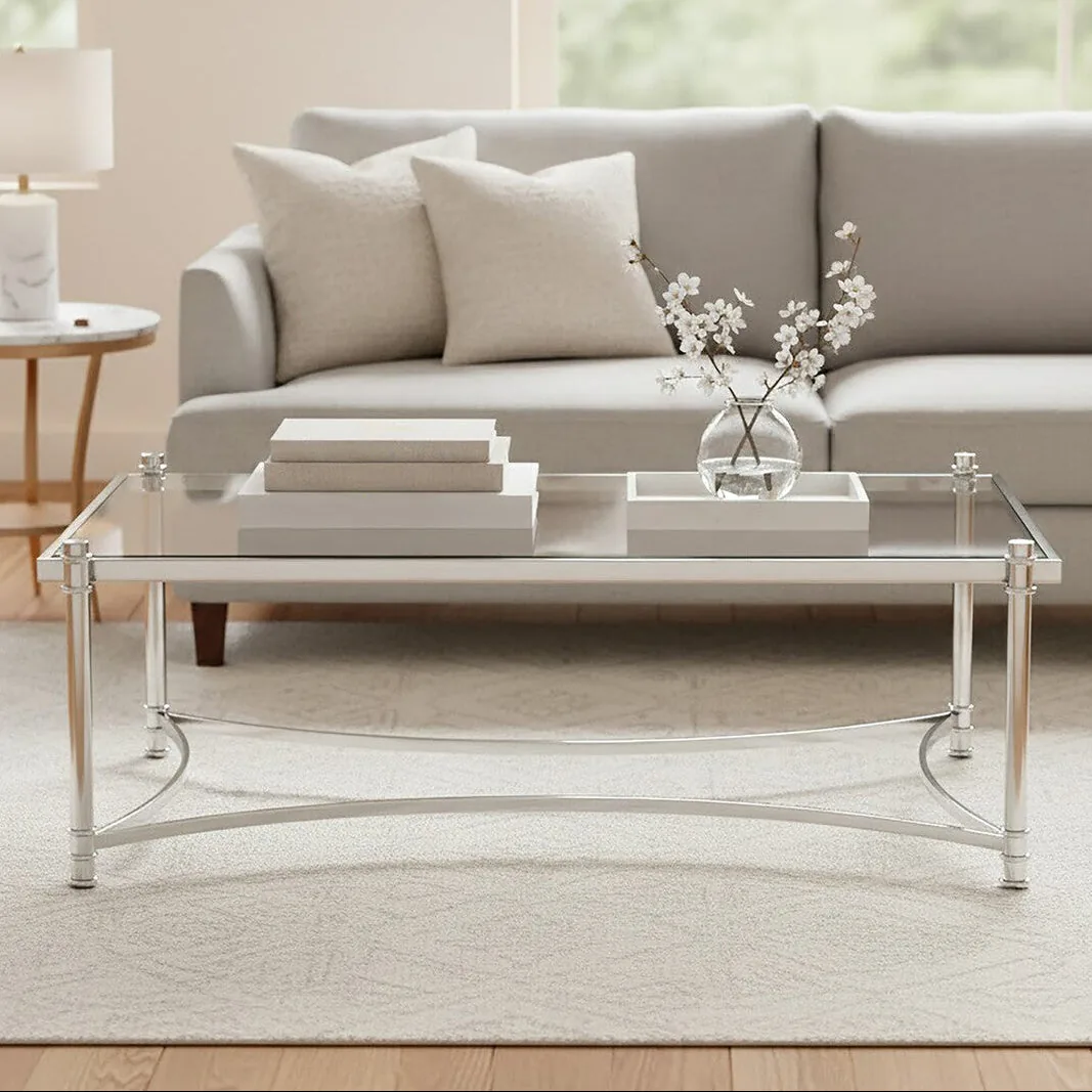 Silver Base Coffee Table With Clear Glass Top, Ackley