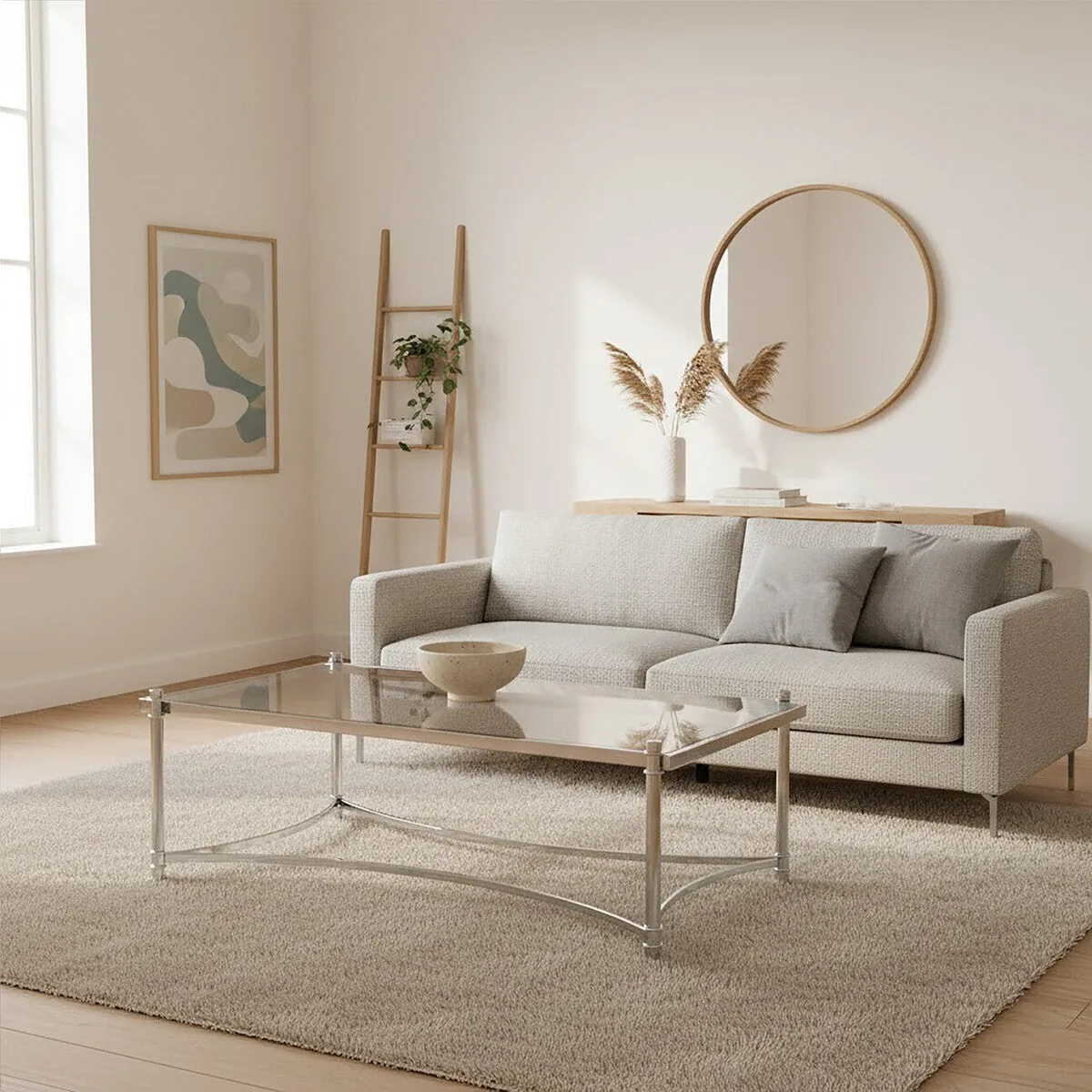 Silver Base Coffee Table With Clear Glass Top, Ackley