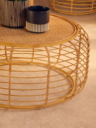 Natural Round Hand Woven Rattan Top Coffee Table With Gold Cage Base, Trento