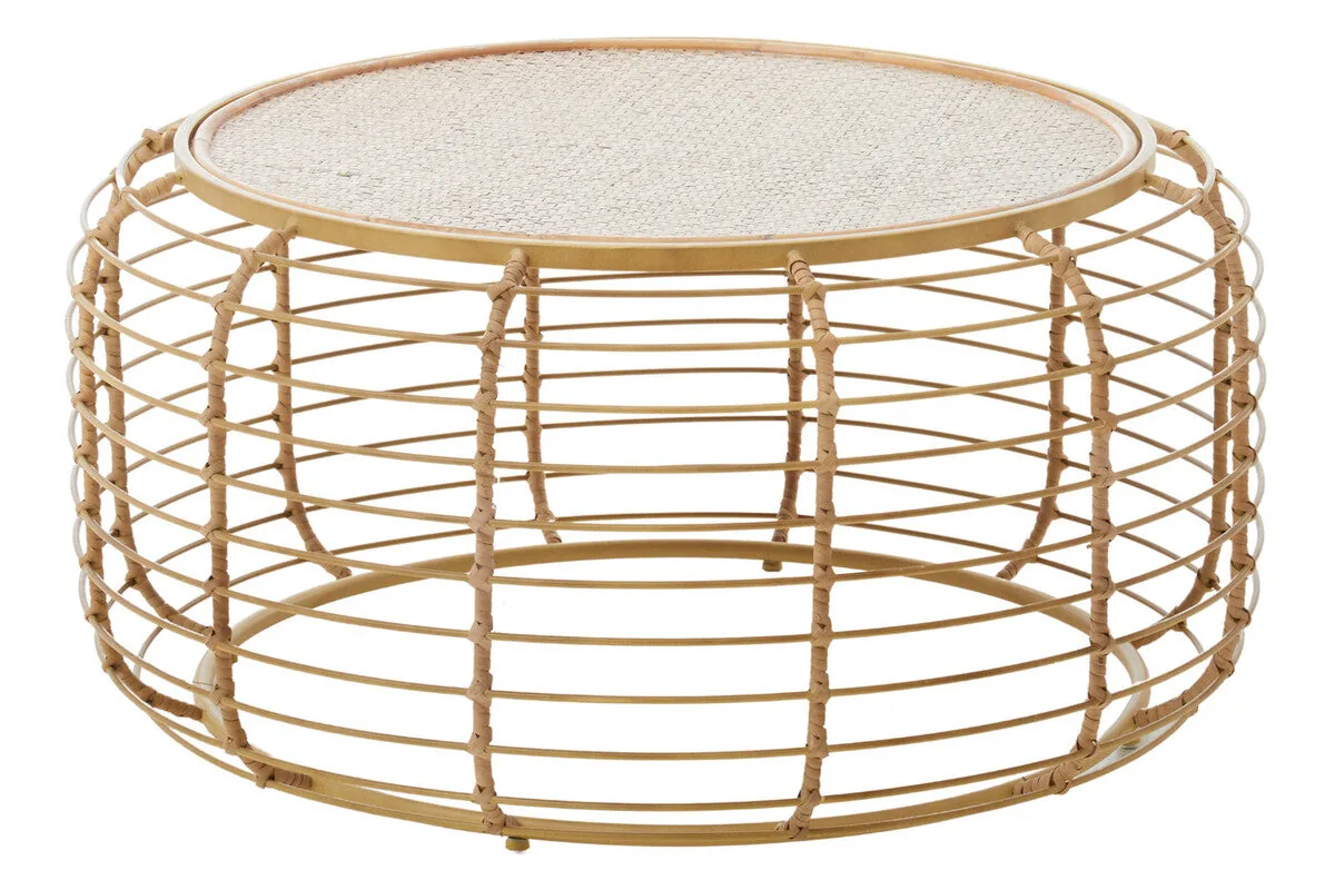 Natural Round Hand Woven Rattan Top Coffee Table With Gold Cage Base, Trento