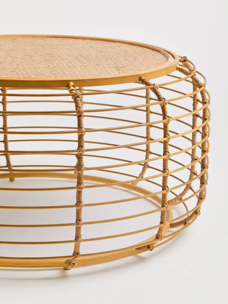 Natural Round Hand Woven Rattan Top Coffee Table With Gold Cage Base, Trento
