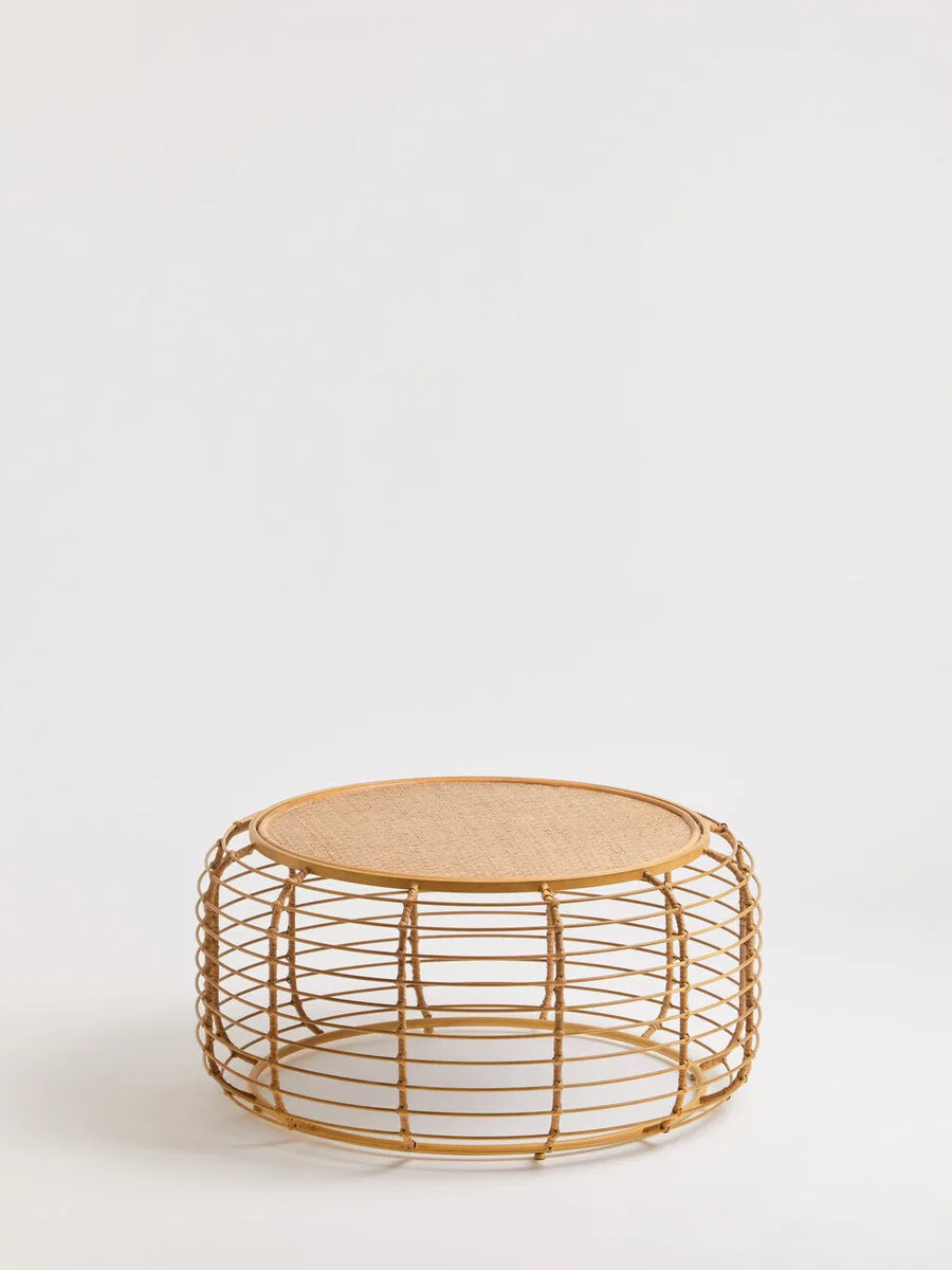 Natural Round Hand Woven Rattan Top Coffee Table With Gold Cage Base, Trento