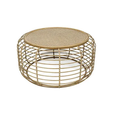 Natural Round Hand Woven Rattan Top Coffee Table With Gold Cage Base, Trento