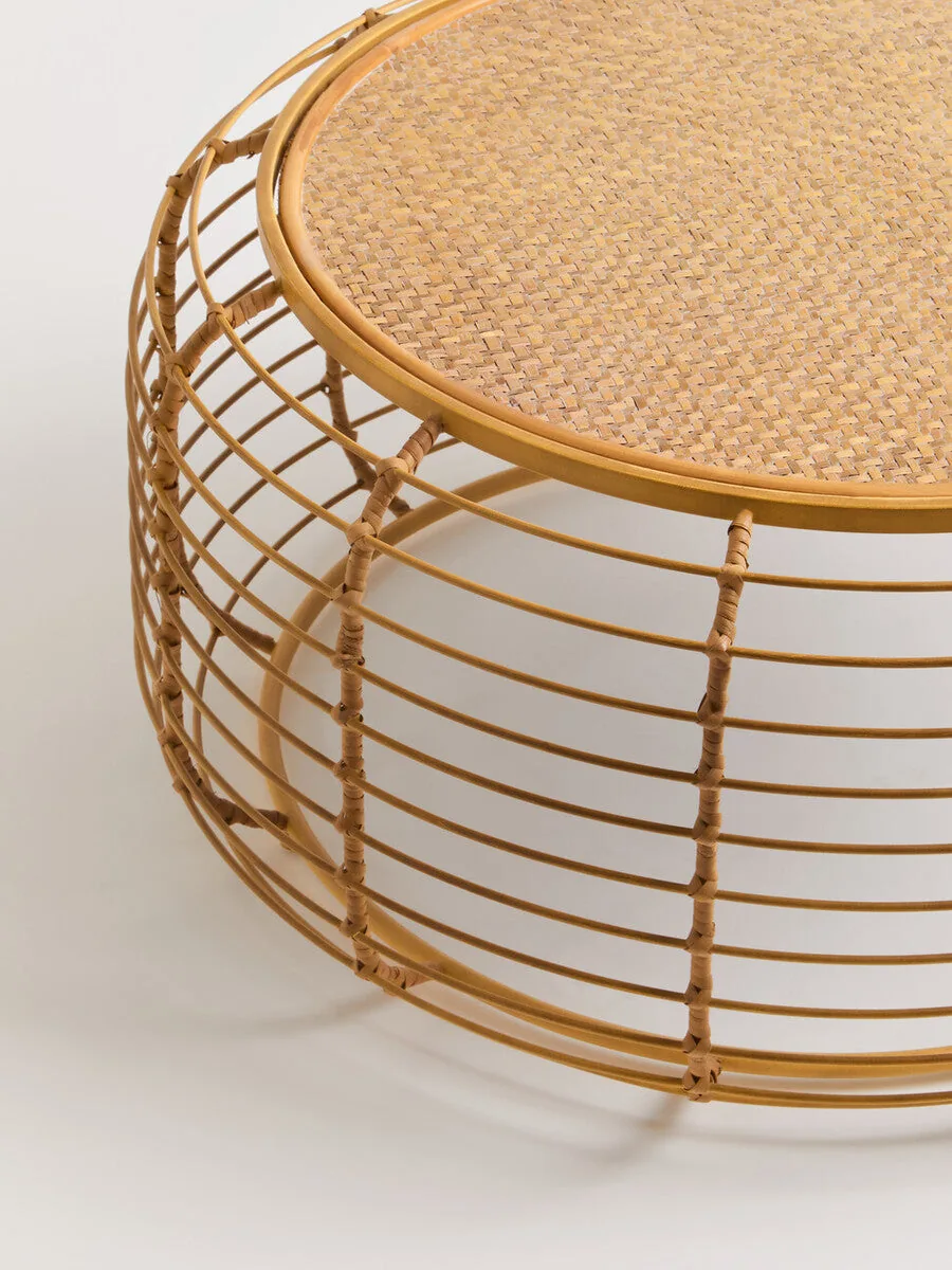 Natural Round Hand Woven Rattan Top Coffee Table With Gold Cage Base, Trento