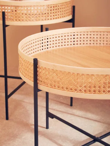 Natural Rattan Coffee Table With Black Cross Metal Base, Depok