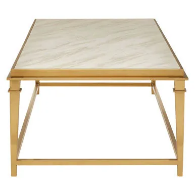 Rectangular White Marble Coffee Table With Warm Gold Stainless Steel Frame, Alvaro