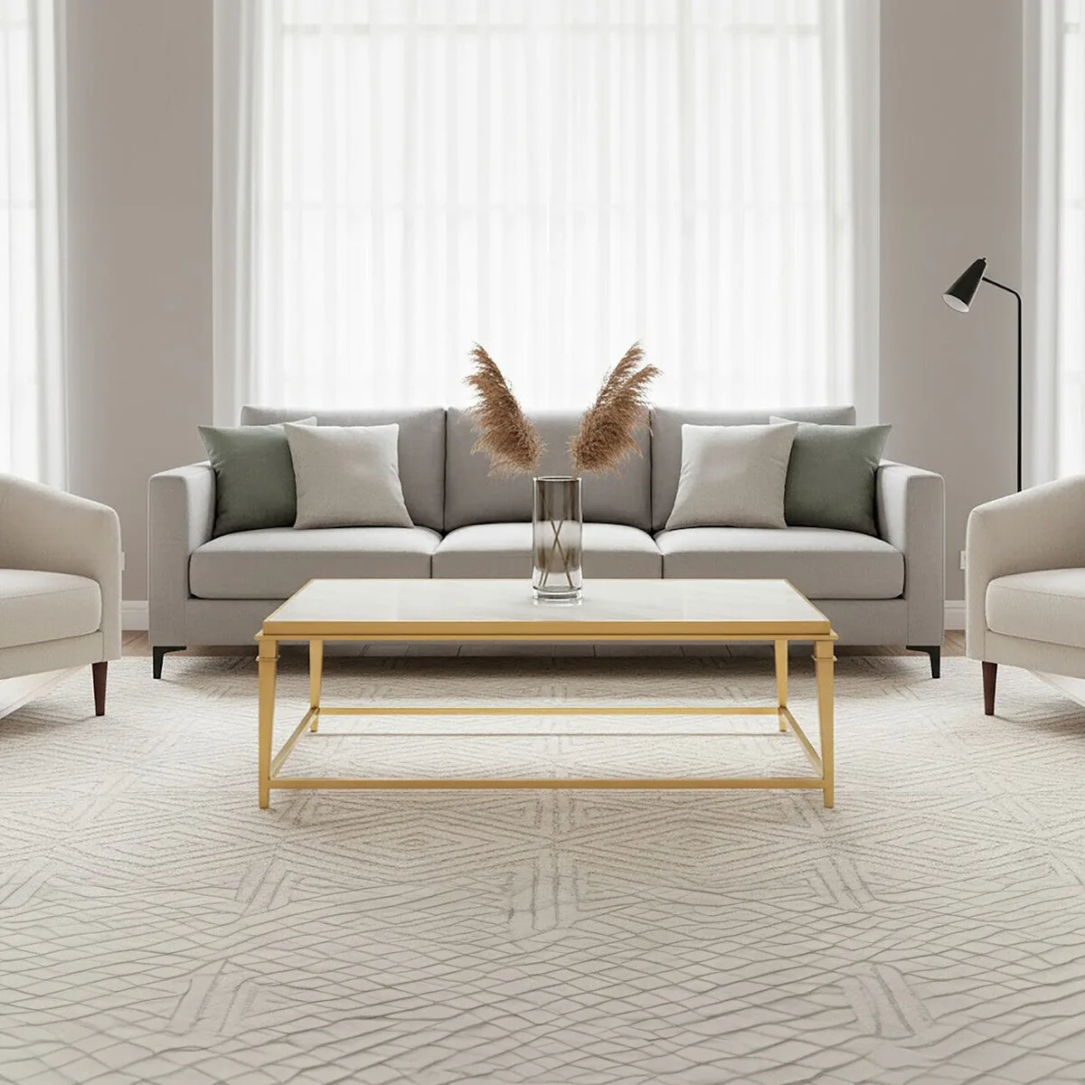 Rectangular White Marble Coffee Table With Warm Gold Stainless Steel Frame, Alvaro