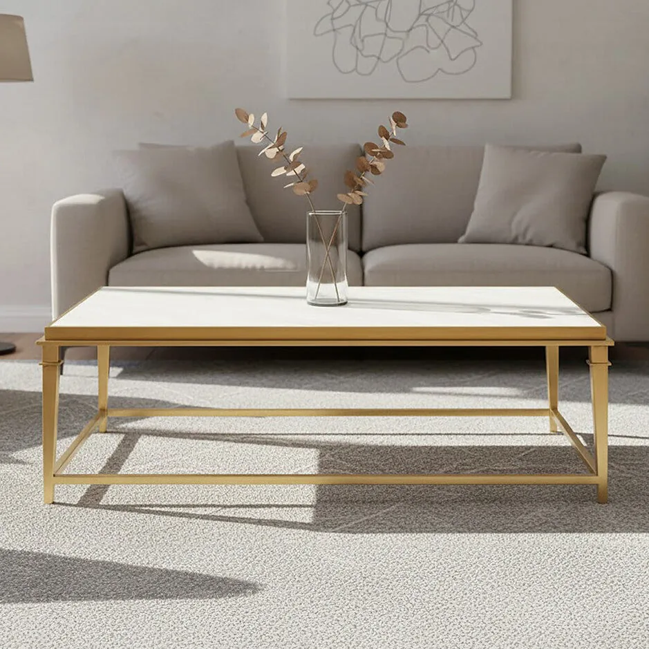 Rectangular White Marble Coffee Table With Warm Gold Stainless Steel Frame, Alvaro