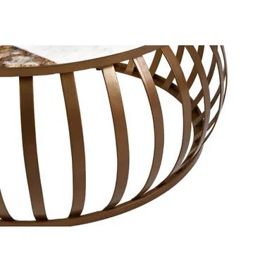 Semi-Precious Agate & White Marble Top Round Coffee Table With Brass Iron Base, Vizzini