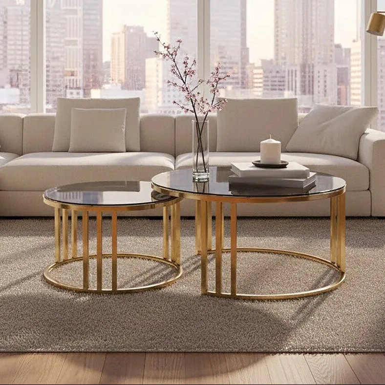 Set Of 2 Tinted Glass Round Tops Nesting Coffee Tables With Brushed Gold Stainless Steel Frames, Alana